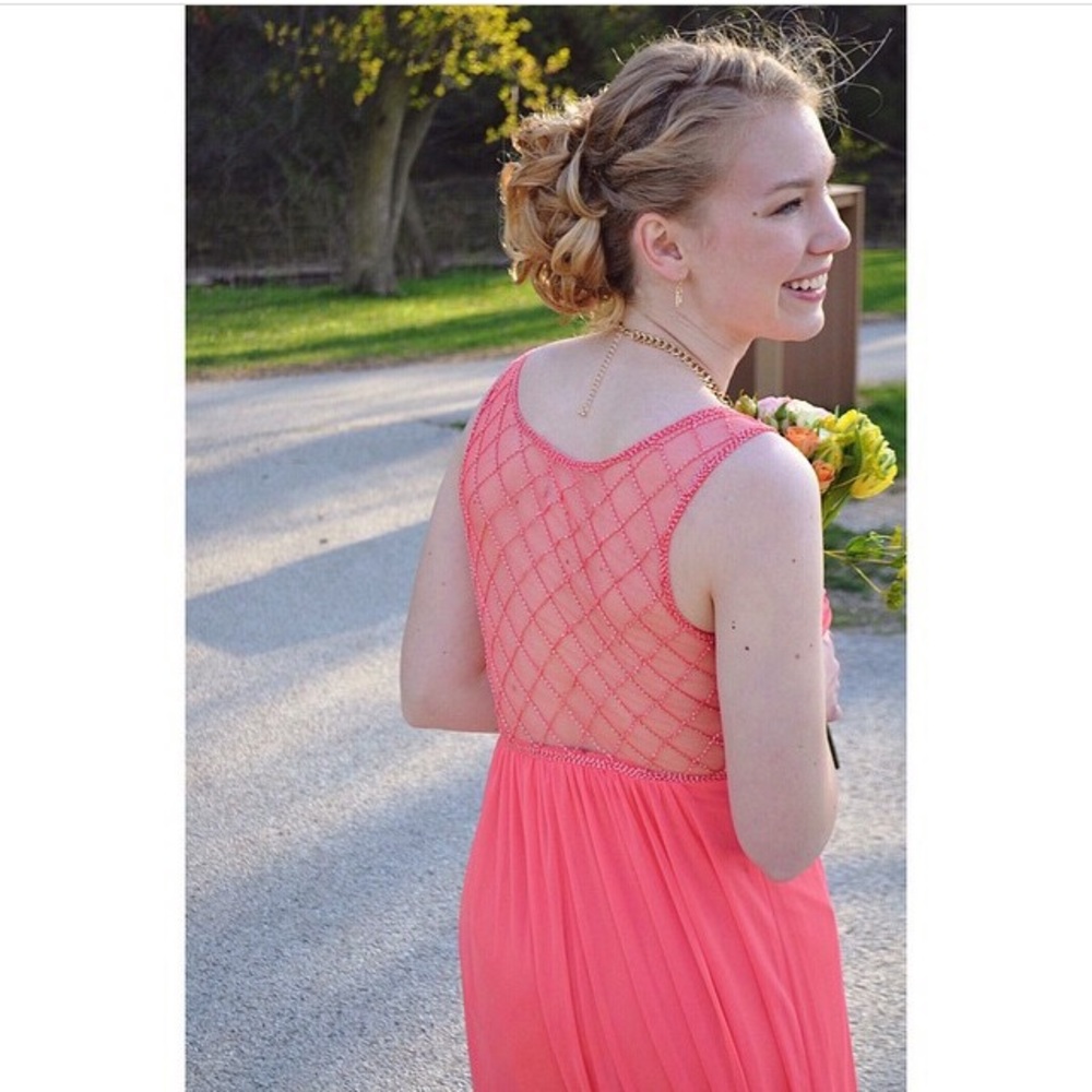 City Triangles coral beaded backless prom dress